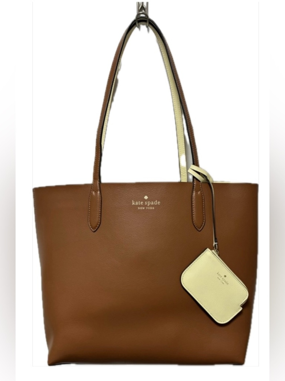 NWOT!! Kate Spade Ava Reversible Pebbled  Leather Tote with Pouch Brown & Yellow